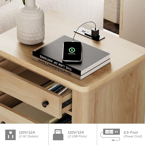 WAMPAT 4 Piece Bedroom Set - Includes Farmhouse 3 Drawer Storage Cabinet, Set of 2 Bedside Tables with Charging Station, Dresser and Nightstand Sets, Oak - Thumbnail 6