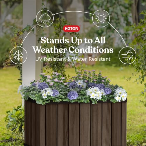 Image of Keter Signature 21.7 Inch Tall Rectangular Large Wood Look Planter for Indoor or Outdoor Flower Pot Ideal for Patio Deck and Front Porch Decor, Rosewood