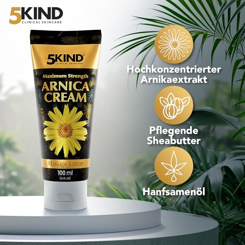 5kind Arnika Salbe Hochkonzentriert 100ml - Extra Stark Arnika Creme - Schnell Wirkende Salbe Hochdosiert - Intensive Creme mit Montana Extract - Gel für Muskeln und Gelenke