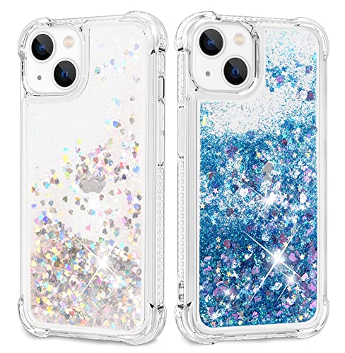 ANSHOW 2 Pcs iPhone 13 Cases Glitter Star Flow Liquid, [Fun Release Stress] iPhone 13 Cases for Women Girls, Cute Shiny Slim Protective Phone Casess for iPhone 13 Pro Max, Silver + Blue