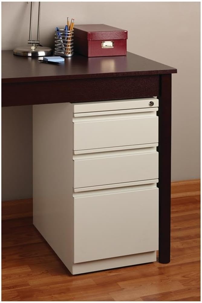Scranton & Co 3-Drawer Metal Mobile Pedestal Filing Cabinet, 27.75" H x 15" W x 19.88" D, Beige Finish, Lockable, Hidden Casters, Letter-Size Hanging File Storage, Modern Office Furniture