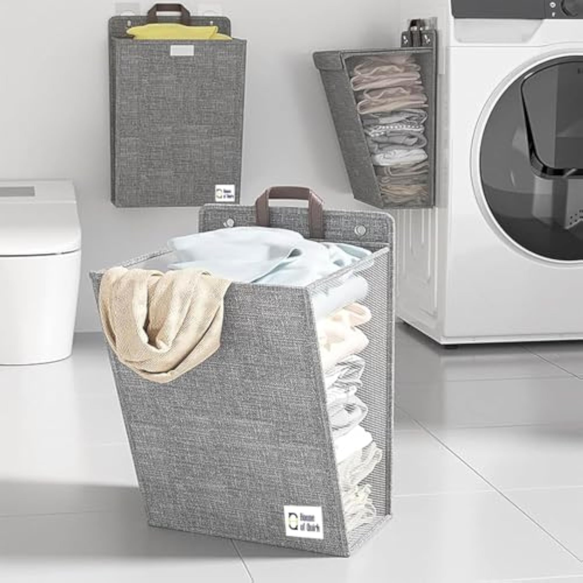 Wall Mounted Foldable Laundry Basket with Handles, Grey