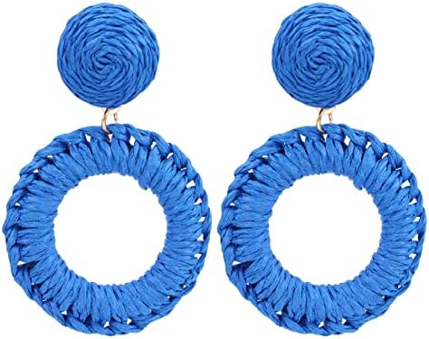 Lettarius Raffia Tassel Fringe Rattan Hoop Drop Statement Earrings Blue Ball Cirle Tiered Dangle Handmade Jewelry for Women Girls