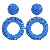 Lettarius Raffia Tassel Fringe Rattan Hoop Drop Statement Earrings Blue Ball Cirle Tiered Dangle Han