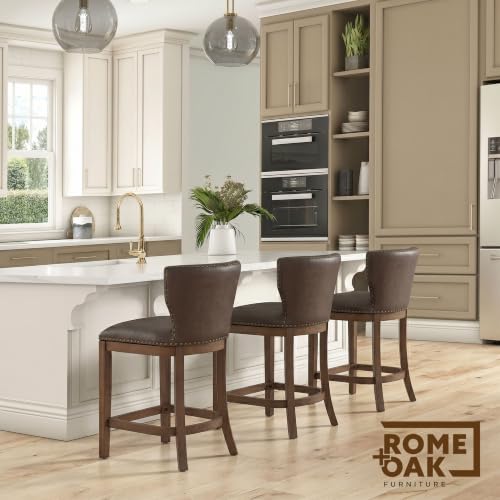 Image of ROME + OAK Carlynd 26 inch Counter Stool, Set of 2 Low Back Swivel Kitchen Barstool in Walnut Finish with Saddle Brown Vegan Leather Upholstered Seat