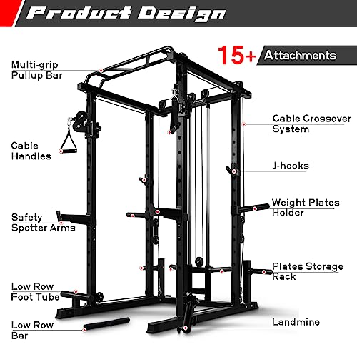 Ritfit Multi-Function Garage & Home Gym Package Includes 1000Lbs Power Cage Ppc03 With Cable Crossover System, Weight Bench, Olympic Barbell Weight Set, Full Body Workout -Blk,Rubber Plate 140Lbs #TOP4