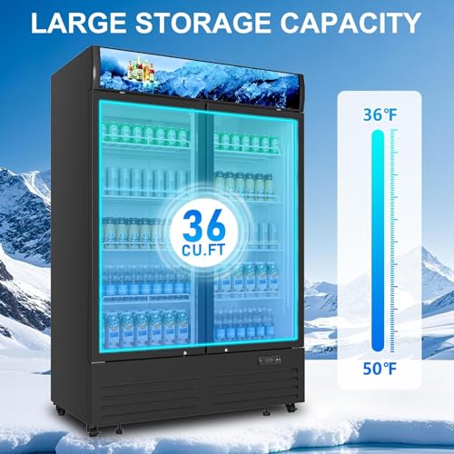 Commercial Beverage Refrigerator 2 Glass Door, 36 Cu.ft Commercial Upright Display Merchandiser Refrigerator, Beverage Cooler with LED Light, Lock Wheels, Adjustable Shelf for Bar, Shop - Image 4