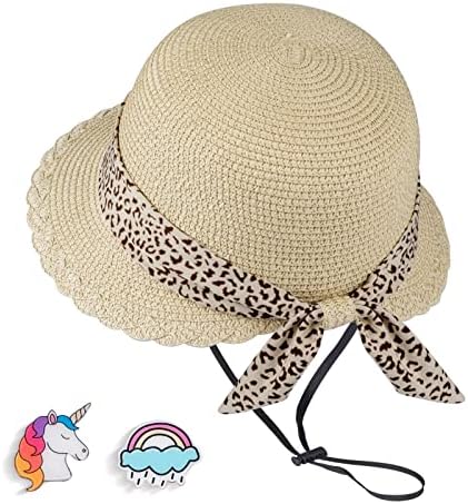 Girls Straw Sun Hat Kids Summer Beach UV Protection Hats Toddler Baby Childrens Little Girl Ages 3 4 5 6 7 8 9 10 Years Beige Wide Brim Foldable Sunhat with Chin Strap Cute Bow Ponytail Gardening Cap