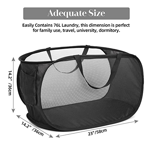 Image of Durable Collapsible Laundry Baskets, Mesh Pop Up Laundry Hamper with Side Pocket, Foldable Clothes Hamper with Reinforced Carry Handles for Laundry, Bathroom, Kids Room, Dorm or Travel 2 Pack Black