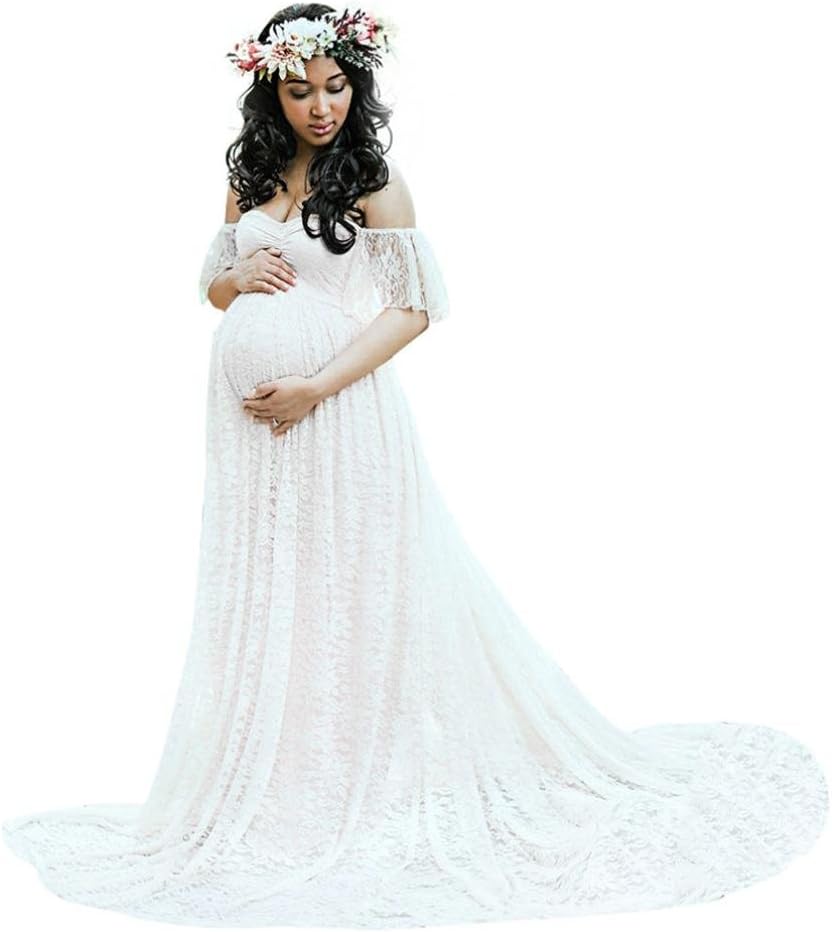 Women's Maternity Maxi Lace Photography Dress Trailing Short Sleeve Pregnancy Gown for Photoshoot (White, M)