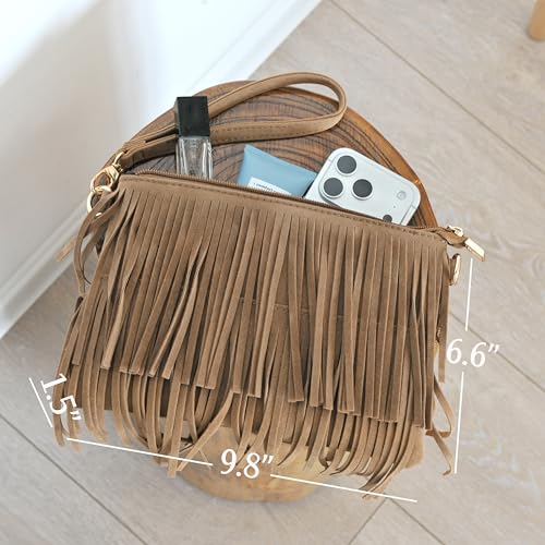 HOXIS Fringe Cross Body Bag Womens Small Shoulder Bag Top Zip Wristlet (Tan) by HOXIS - Used condition - Image 5