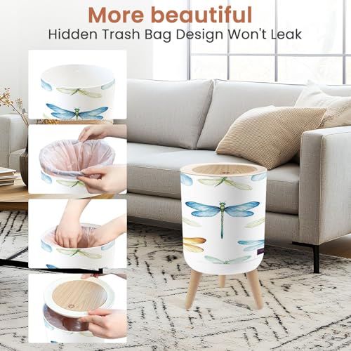 Image of Small Trash Can with Lid Watercolor Seamless Pattern Dragonflies White 1.8 Gallon Dog Proof Trash Can Round Garbage Can Waste Bin Wastebasket for Bathroom Bedroom Living Room