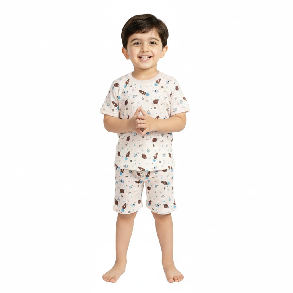 LITTLE BOY Kids Concept Boys Cotton Nightwear Set | Printed T-Shirt & Shorts Pajama Set for Boys | Soft Breathable Sleepwe...