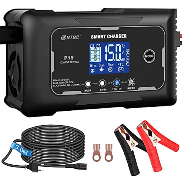 HTRC Bilbatteriladdare 15A 12V/24V Helautomatisk Batteriladdare Bilbatteriladdare för Bilar, Båt, SUV, Motorcykel, Gräsklippare/LiFePO4 och Blysyra(AGM, Calcium, GEL, MF, EFB, SLA, VRLA, WET)