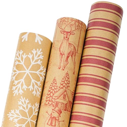 LaRibbons Kraft Christmas Wrapping Paper Rolls with Cutlines, Rustic Christmas Toile/Deer/Snowflakes/Stripe Design for Xmas, Holiday, New Year, 17 Inch × 10 Feet-3Roll