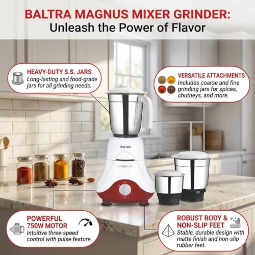 Image of Baltra Magnus BMG-162 Mixer Grinder 550W | Superior Mixie For Kitchen | 2-In-1 For Dry Grinding | Blade Function With Powerful Motor | 3 Stainless Steel Mixer Jars | 2 Years Product Warranty