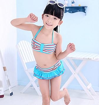 Amazon 水着 キッズ みずぎ 子供用 Swiming 可愛い セクシー ジュニア 上下セット ホルターネック キャンプ トップスとスカート2点セット フリル 縞 女の子priama Priama スポーツ アウトドア