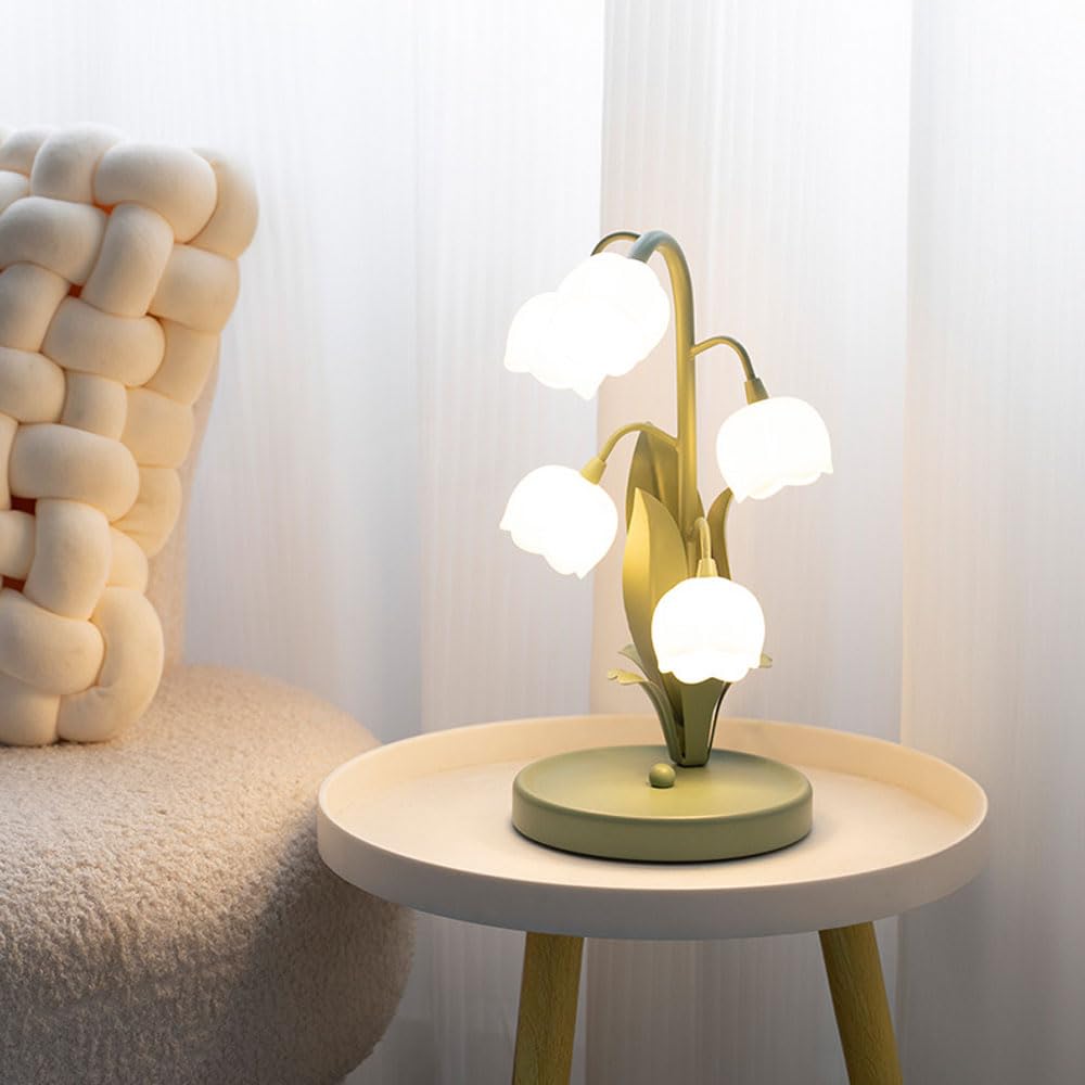 Jadssox Blumen-Tischlampe, nordische grüne Nachttischleuchte, Maiglöckchen-Lampe, G4-Desktop-Nachttischlampe, Art-Deco-Säulen-Tischleuchten für Wohnzimmer, Schlafzimmer, Nachttisch-Desktop-Lampen