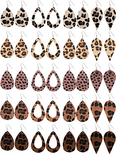 20 Pieces Leather Earrings for Women Petal Leopard Print Earrings Teardrop Dangle Earrings