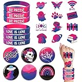 Sinasasspel 24 pcs Pride Month Decorations 6 Bisexual Badge Pins Buttons 6 Silicone Bracelets Wristband 12 pcs Temporary Tattoo Stickers Bisexual Accessories LGBTQ+ Bi Pride Party Favors Gift Set
