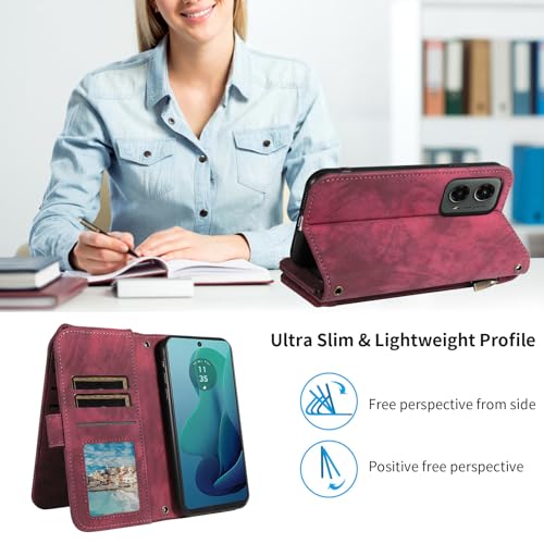 Asuwish Phone Case for Motorola Moto G 5G 2024 Wallet Cell Cover with Tempered Glass Screen Protector Crossbody Lanyard Strap Flip Zipper Credit Card Holder Slot Stand Mobile G5G 5 G G5 Women Men Red by Asuwish - Used condition - Image 7