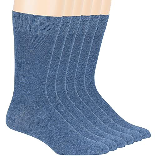 7Bigstars Kingdom Men's Cotton Dress Socks - 6 Pack Large - Solid Casual Crew Lightweight Business Work Sock Size 10-13 Shoe 6-12 L Denim Blue #TOP6