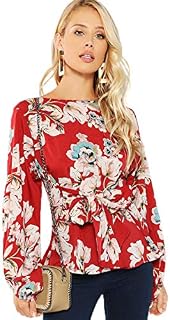 Romwe Women's Floral Print Long Sleeve Self tie Waist Knot Blouse Top Red