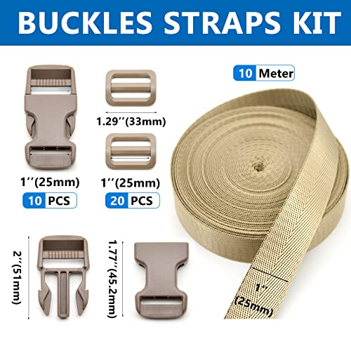 Eviznbou 10M Gurtband 25mm Nylon Gurtband mit 10 Paar Kunststoff Schnallen, 20 Tri-Glide-Schieber für Rucksack Gepäckgurten Tasche Hundehalsband Rucksackersatz (Bräunen)