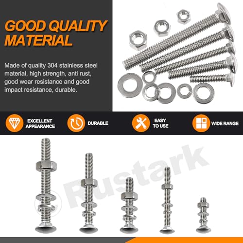 Image of 80Pcs 5 Sizes 304 Stainless Steel Carriage Bolts with Nuts and Washers Kit Silver Square Neck Carriage Bolts Screws Round Head Carriage Bolt for Machinery Industry