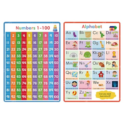 DIYEAH 2 tablas de aprendizaje para jardín de infantes: Póster de números del alfabeto para el aula | Juego de tablas de pared con números del 1 al 100 | Para decoración de aulas de preescolar y