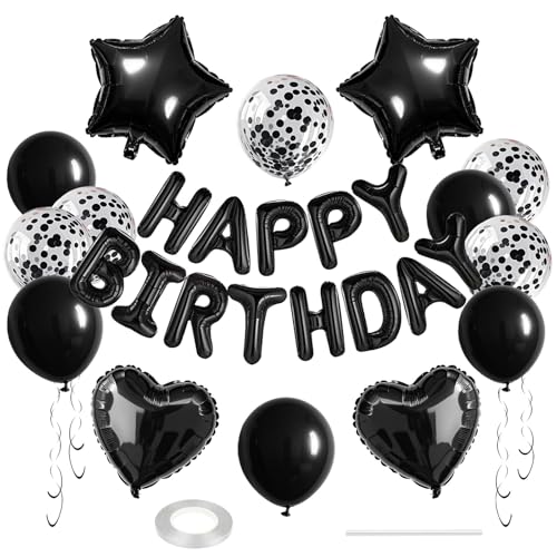 WEIKA 27 Pcs Black Birthday Decorations, 3D Foil Black Happy Birthday Balloon Banner, Pentagram Heart Foil Balloons Confetti Balloons Kit For Boys Girls Birthday Party Supplies