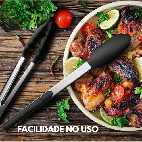 Pegador Silicone Pinça Culinária Profissional 28cm Cabo Inox Salada Churrasco Air Fryer Fritura Anti