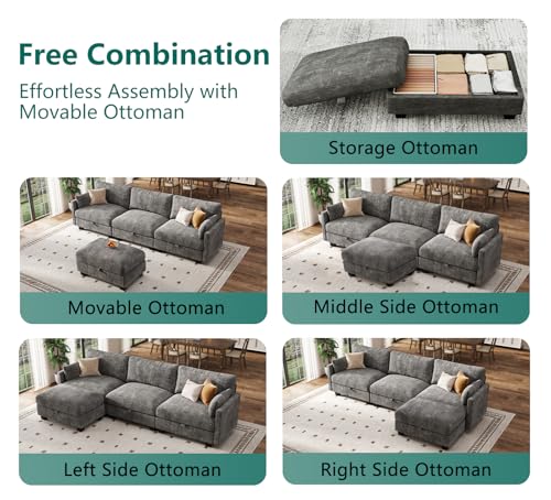Image of Modular Sectional Sofa, 101 inch L Shaped Couch with Storage | High Resilience Foam, 22 inch Seat Depth, Movable Ottoman, Comfy Chenille, Easy Assembly, Dark Gray