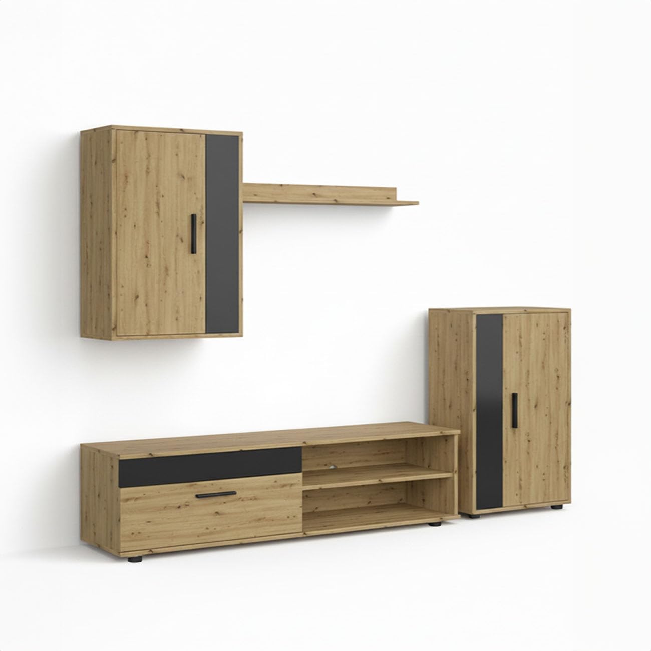 duehome | Mueble de Salón, Composición Modular de TV, Modelo: Lunet 190, Acabado en Alpino y Negro, Medidas: 140 cm (Largo) x 35 cm (Fondo) x 36,2 cm (Alto)