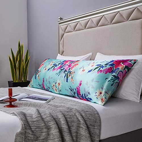 Image of MR&HM Satin Body Pillow Cover, Soft and Breathable Body Pillow Case with Envelope Closure, Cooling and Silky Long Pillowcase for Hair and Skin,Grey (20x54, Vintage Floral)