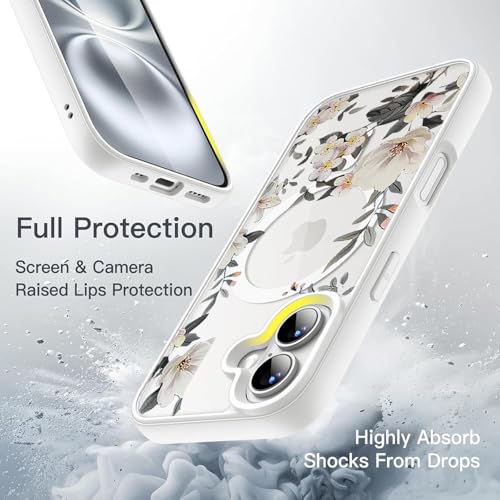 Image of VONZEE Back Cover Case Compatible with iPhone 17, Luxury Retro Flowers Floral Clear for Magnetic Wireless Charging Case Shockproof PC+TPU Cute Glossy Shiny Cover for Girls Women, 6.3'' White