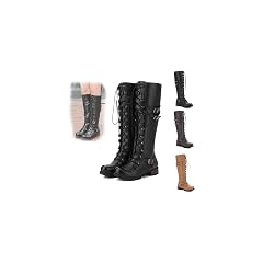 Womens Motorcycle Riding Boots Fashion Sexy High Heel Boots Strappy Lace-up Gothic Vintage Punk Buckle Military Combat Stacked