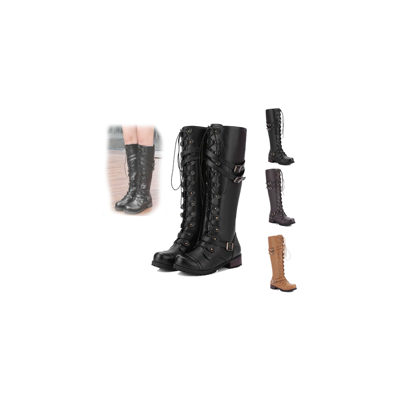 Womens Motorcycle Riding Boots Fashion Sexy High Heel Boots Strappy Lace-up Gothic Vintage Punk Buckle Military Combat Stacked