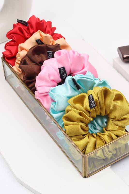 Image of Premium Satin Scrunchies for Women | Hair Bands, Ponytail Holders & Rubber Bands | Large, Fluffy, No-Damage Hair Ties | Girls Hair Accessories | Large Size | Pack of 6