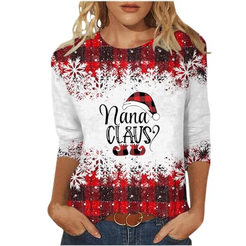 Cyber of Monday Women Nana Claus Shirt Cute Christmas 3/4 Long Sleeve Shirts Round Neck Tunic Tops Blouse Tees T-Shirt Pregnancy Ugly Christmas Sweater Red 2X