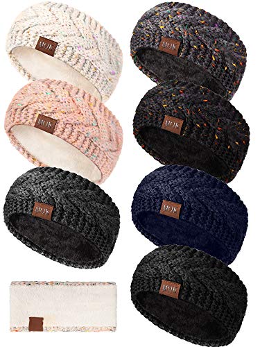 Geyoga 7 Pcs Women Winter Headbands Ear Warmer Women Knit Cable Headbands Fleece Lined Cold Weather Ear Muffs(Classic Colors)