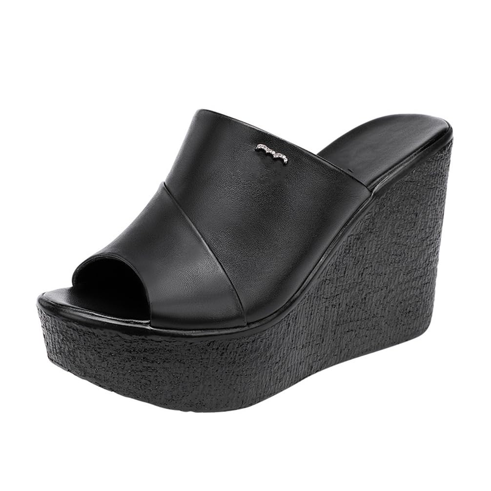 Sandalias de Cuña con Plataforma para Mujer, Negro, Cuero, Peep Toe, Tacón Alto 11cm, Mule Estilo Casual