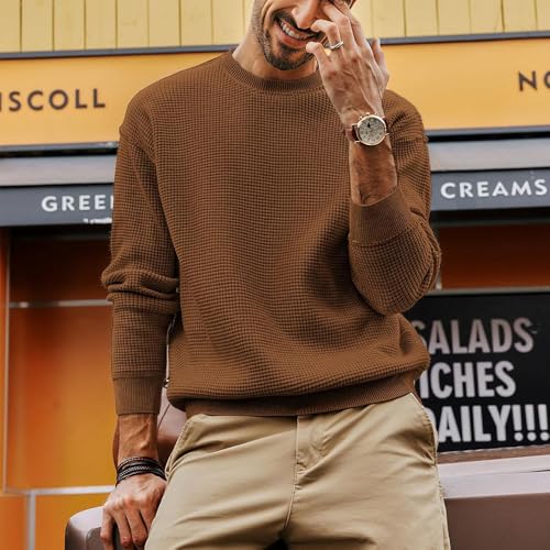 Mens Crewneck Pullover Sweater Waffle Textured Long Sleeve Knitted Sweaters2