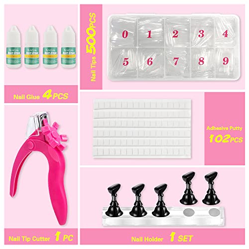 Noval Diy Press On Nail Making Kit - 500Pcs Full Cover Coffin Nail Tips With 1 Set Magnetic Nail Holder 4Pcs Nail Glues 1Pc Nail Tip Cutter Clipper 102Pcs Reusable Adhesive Putty #TOP1