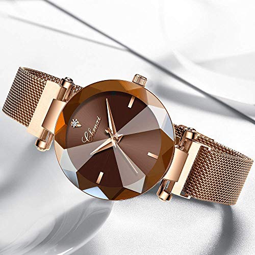 Mastop Fashion Women Rose Gold Watch Japan Quartz Stainless Steel Magnetic Mesh Band Waterproof Ladies Watches (Brown) #TOP1