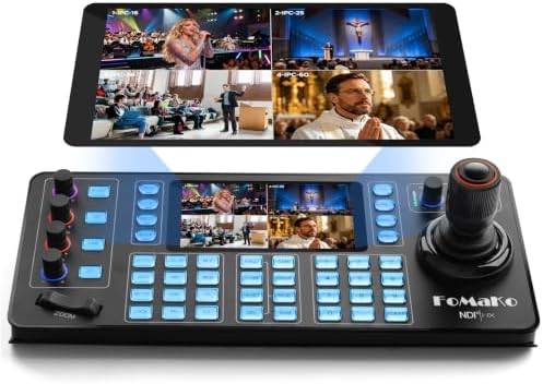 FoMaKo NDI PTZ Camera Controller, Quad-Screen 4K Multi-Channel Preview, 5.5" Capacitive Touchscreen, 4D Hall Joystick, PoE, VISCA/Pelco/NDI HX, for Church, Worship, Studio, Education, Events, KC608N