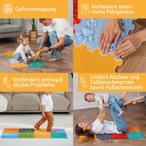 ORTOTO 12 Massage-Puzzle-Bodenmatten, orthopädische Spielmatte für Kinder, sensorisches Spiel, ineinandergreifende Bodenfliesen, Puzzlematten-Set (All-IN-ONE)