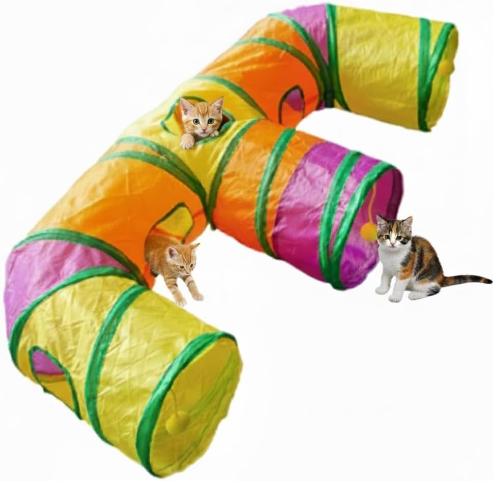 E-3-Way Cat Tunnel for Indoors Cats with Peek Holes & Hanging Balls | Crinkle Fabric, Foldable Design, Durable Steel Frame, Spacious Tunnel for Running, Hiding & Multi Cat Play