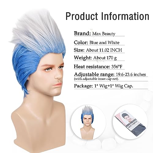 Image of Max Beauty Short Curly Cosplay Wig Men Adult Ombre Blue and White Anime Wig for Halloween + Free Cap
