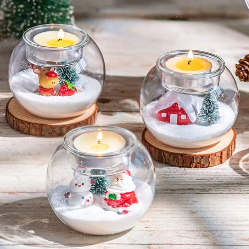 Glasseam DIY Christmas Candle Holder: Set of 3 Tea Light Candle Holders Glass Decorative Cute Christmas Tea Light Holders Figurines Snow Globe Ornament for Table Centrepieces Decoration Gift